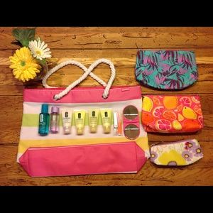 Clinique bags with some facial products.